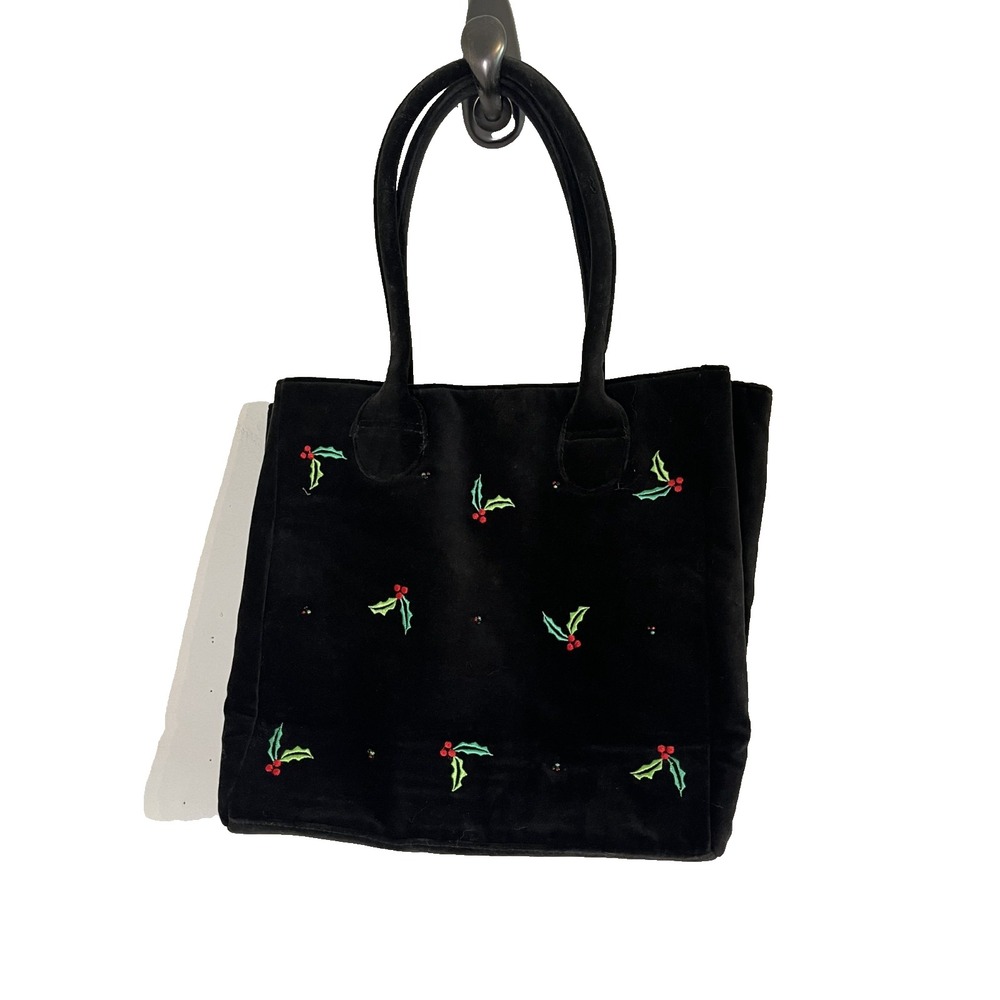 Retro Christmas Holly Embroidery Shoulder Bag Black M Beaded Festive Holiday 80s